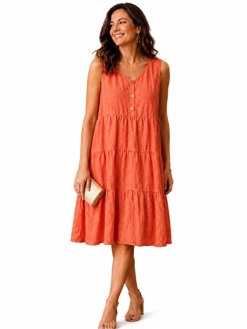 Match Point Sleeveless V-Neck Tiered Midi Dress in Coral
